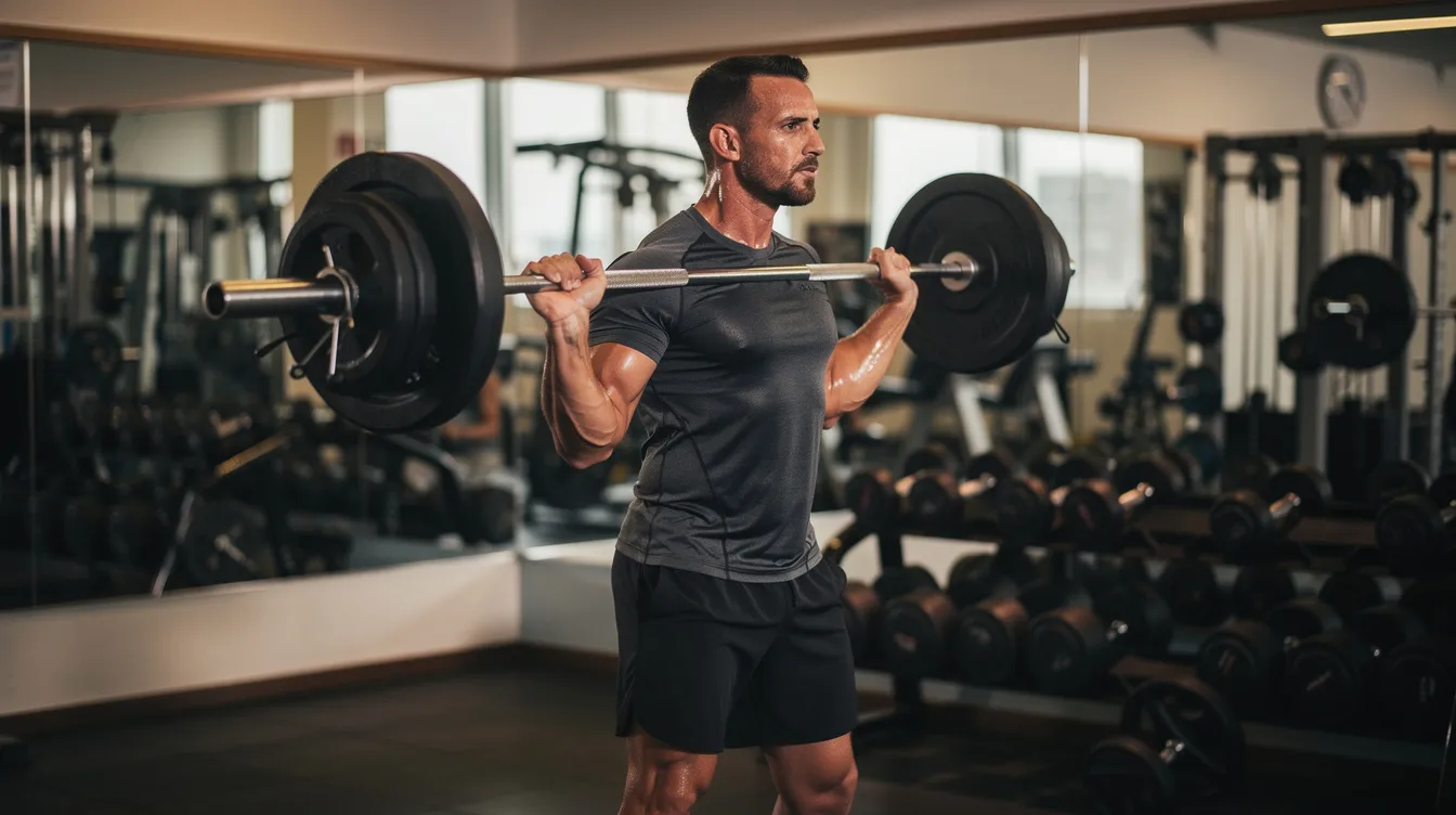 Ein Mann trainiert im Fitnessstudio mit Gewichten, während er sich auf seine körperliche Fitness und Kraft konzentriert. Das Bild spiegelt das Thema der männlichen Sexualität wider, da körperliche Fitness oft mit einem gesteigerten Sexualtrieb und einem besseren Lustempfinden in Verbindung gebracht wird.