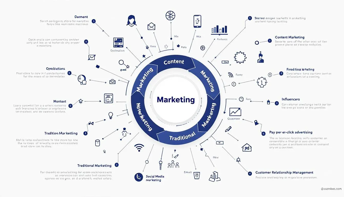 The image illustrates various types of marketing strategies and campaigns, including social media marketing, email marketing campaigns, and content marketing. It highlights the importance of understanding the target audience and employing effective marketing efforts to achieve successful marketing campaigns and build brand awareness.