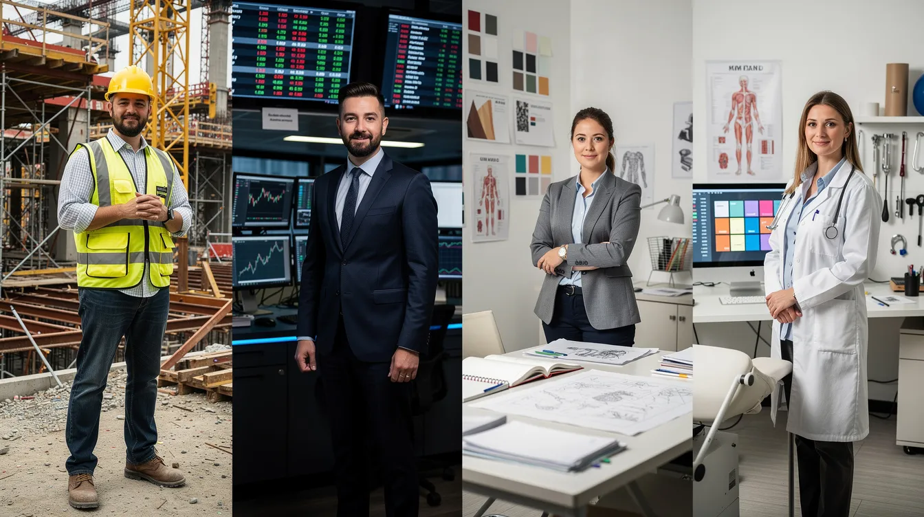 The image features four professionals representing diverse work environments: a construction worker at a bustling construction site, a trader engaged in dynamic activities on a trading floor, a designer immersed in creativity within a design studio, and a healthcare provider attending to patients in a medical office. This visual highlights the entrepreneurial spirit across various sectors, showcasing the day-to-day operations of successful business owners.