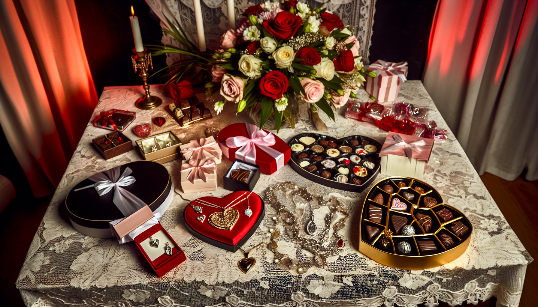 Various Valentine's Day gifts displayed on a table