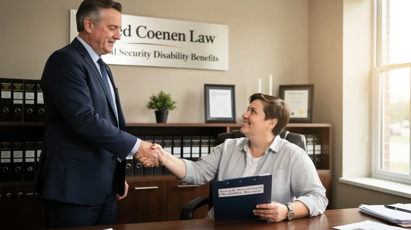 Attorney Ted Coenen is shaking hands with a satisfied client, symbolizing the successful navigation of social security disability reviews. This moment underscores the vital role of legal assistance in securing social security disability benefits and ensuring clients receive the support they need for their medical conditions.