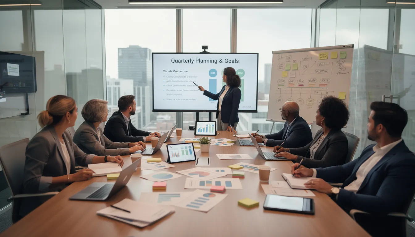 A diverse team is engaged in a strategic meeting, discussing their quarterly planning and goals, focusing on growth and execution while sharing honest ideas to create clarity and momentum for their projects. The atmosphere is collaborative, with members reflecting on priorities and the importance of accountability to drive success in their business.