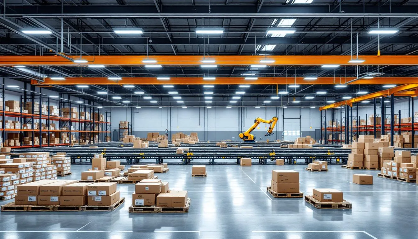 The image depicts a modern UK warehouse equipped with advanced automated sorting systems, where packages are neatly organized and prepared for shipment, showcasing the efficiency of a dropshipping business. This facility highlights the role of reliable dropshipping suppliers in managing inventory and fulfilling orders for online stores.