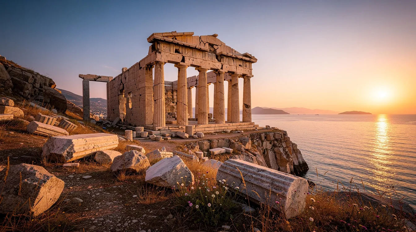 Ruínas de um antigo templo grego, com colunas majestosas, estão posicionadas sobre um penhasco, oferecendo uma vista deslumbrante do mar Egeu ao pôr do sol, refletindo as cores quentes do céu. Este cenário é um dos muitos pontos turísticos de Atenas, que revelam a rica história e a mitologia grega.