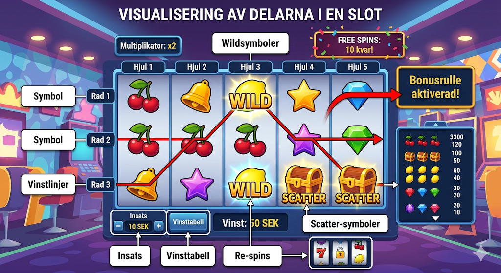 Hur slots fungerar – spelautomat med hjul, symboler, vinstlinjer och bonusfunktioner som free spins och vinster online casino.