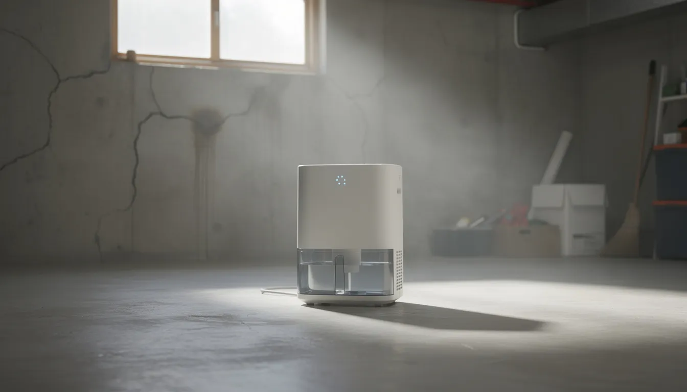 A dehumidifier is operating in a basement with concrete walls, helping to reduce humidity levels and prevent indoor mold growth, which can lead to health risks such as mold allergies and asthma symptoms. The machine is crucial in maintaining a dry environment to minimize mold exposure and the musty smell often associated with damp areas.