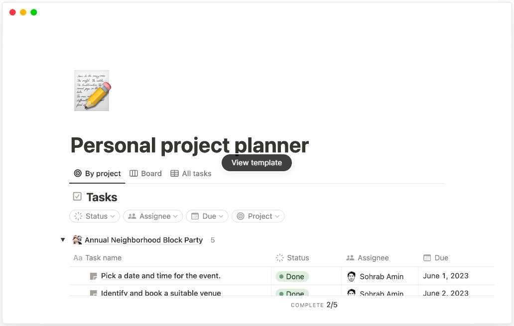 Notion planner - personal project planner