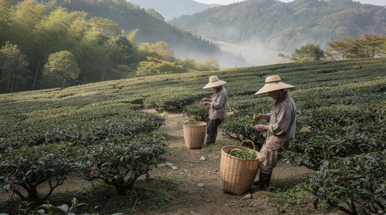 Auf dem Bild sind Tee-Bauern zu sehen, die auf einer authentischen japanischen Teeplantage in Wazuka, Kyoto, sorgfältig Teeblätter der Camellia sinensis ernten. Die sanften Hügel sind mit unregelmäßigen Reihen von Teepflanzen bedeckt, während die Bauern in traditioneller Kleidung und Strohhüten die frischen Blätter in geflochtene Körbe legen, umgeben von einem nebligen Morgenlicht.