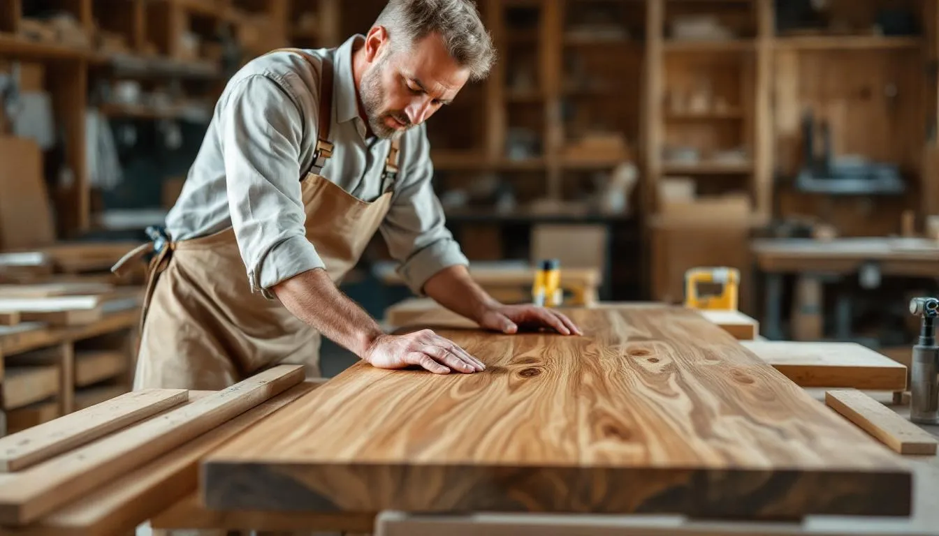 A craftsperson is closely examining the natural grain pattern and construction quality of a solid oak furniture piece, highlighting the timeless beauty and durability that oak furniture offers for elegant dining rooms and stylish interiors.