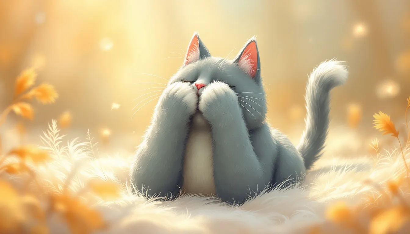 Een kat in een vreemde lighouding, met zijn pootjes over zijn ogen.