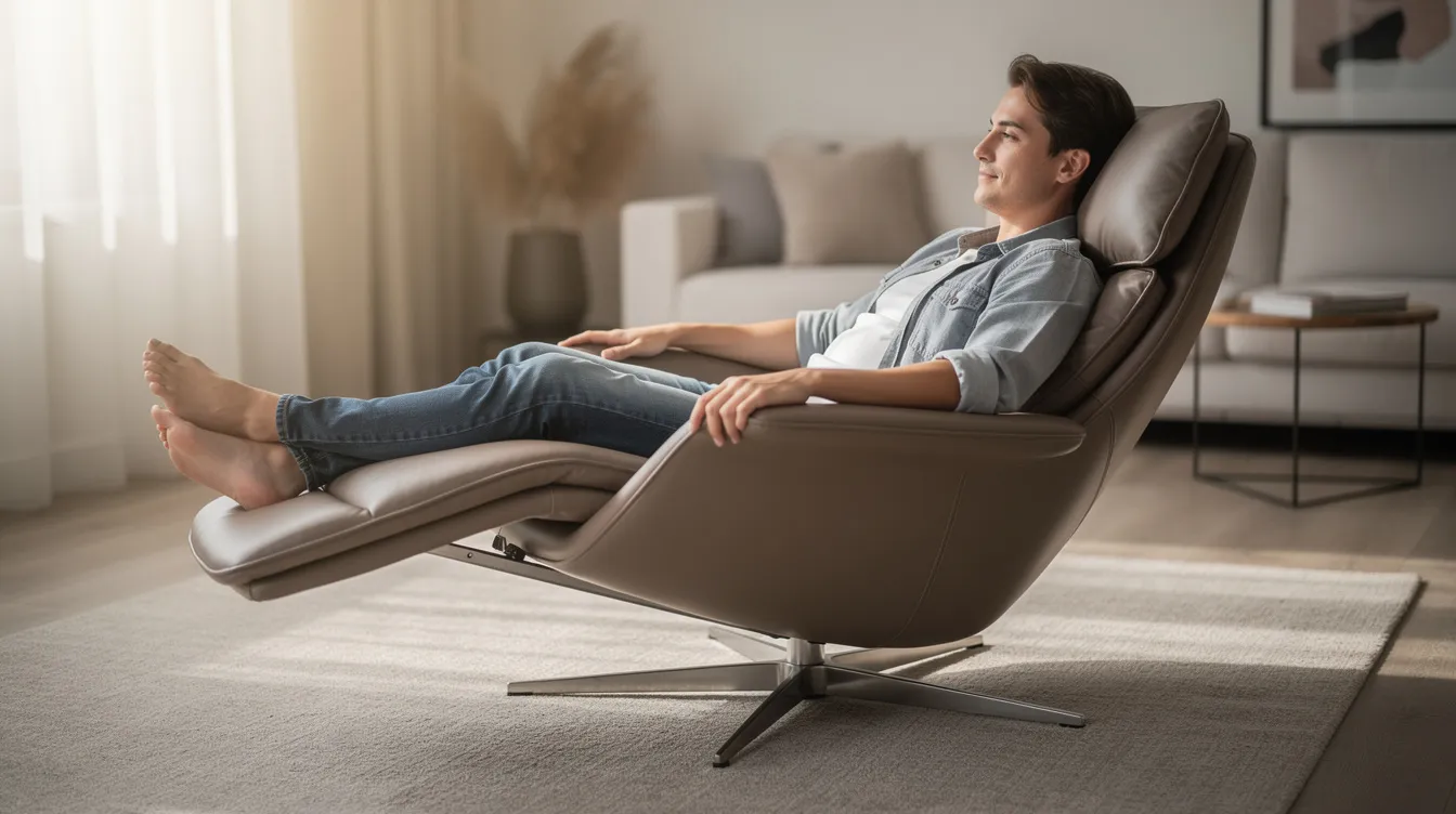 En person sitter bekvämt tillbakalutad i en modern relaxfåtölj, som erbjuder avkoppling med sitt ryggstöd och fotstöd. Fåtöljen, som har en stilren design, är klädd i grått tyg och passar perfekt för avkopplande stunder i vardagsrummet.