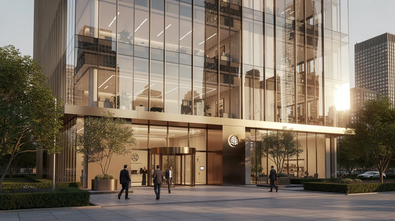 The image depicts a modern glass office building that serves as the headquarters for a private wealth management firm, symbolizing the sophisticated environment of family offices. This structure represents the dedicated team and comprehensive services offered to affluent families, focusing on investment management, family governance, and wealth preservation for future generations.