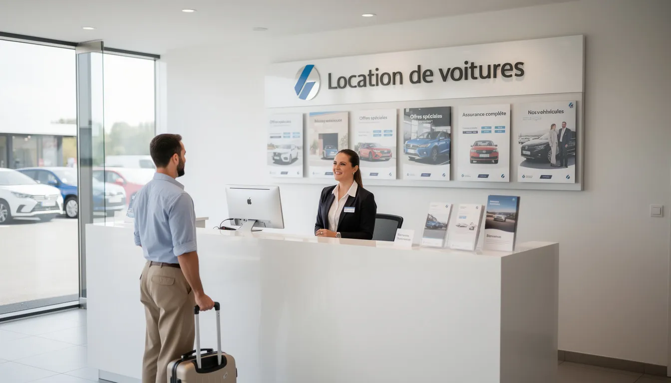 Un comptoir d'agence de location de voitures est visible, avec un employé en train d'assister un client. L'environnement évoque une agence de location en Angleterre, où les clients peuvent louer une voiture pour explorer les villes et paysages du Royaume-Uni.