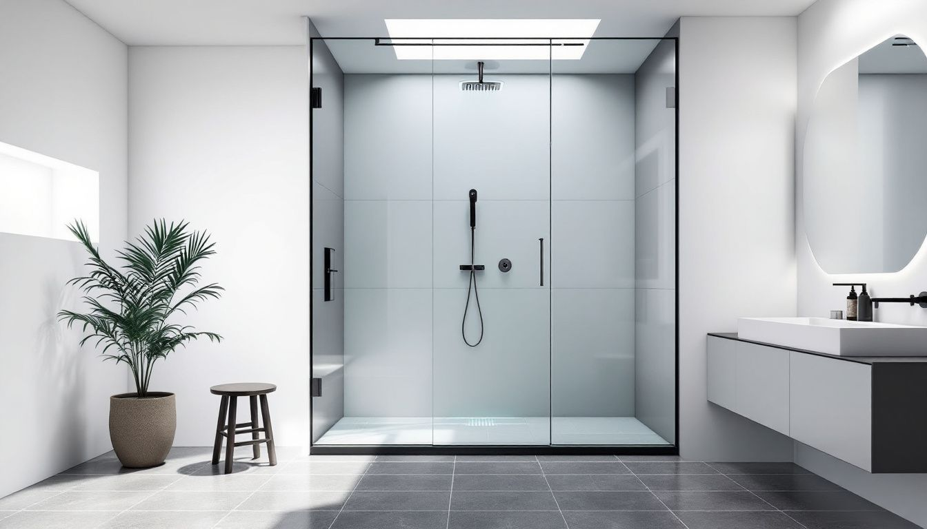 A modern walk in shower installation process.
