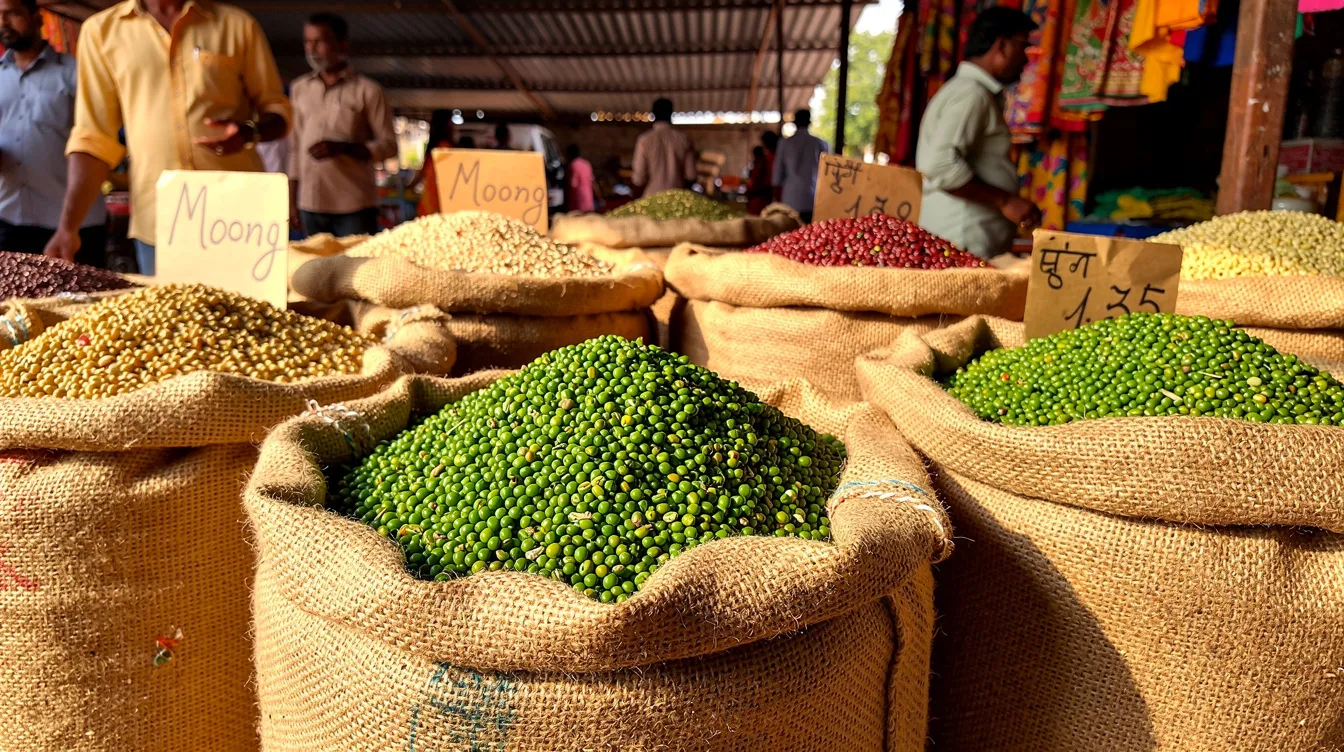 7a78e34e feea 443c a8c2 f2a0d77ee70d The image shows burlap sacks filled with green gram moong beans stacked at an Indian agricultural market, highlighting the natural shine and quality of the pulses. This scene reflects the essence of the moong dal processing plant project, emphasizing the importance of efficient operations and customer satisfaction in the agricultural sector.
