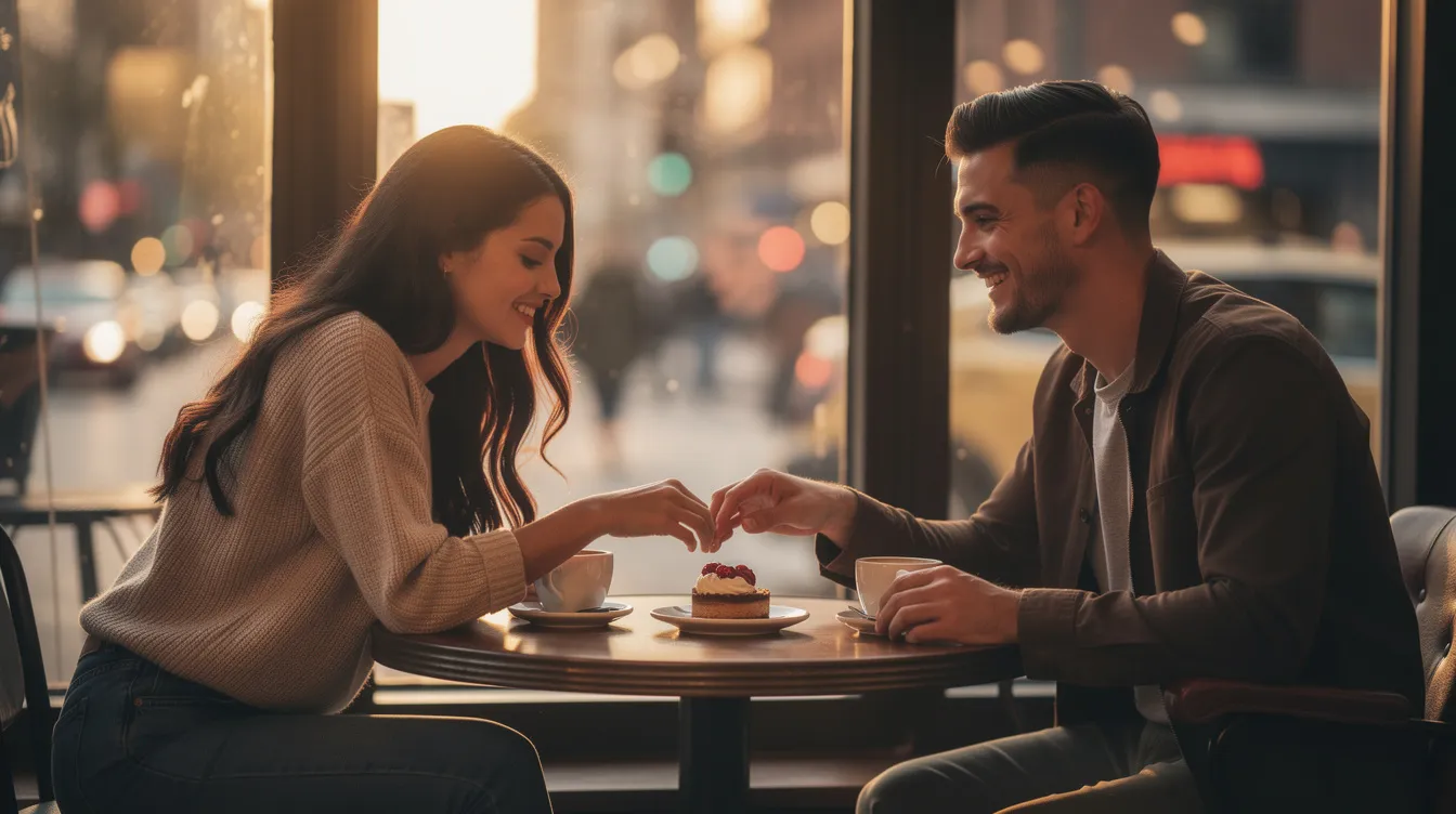 A 20-year-old couple is enjoying a cozy date at a coffee shop, engaged in conversation and laughter. They are likely using popular dating apps to connect, reflecting the modern dating scene for young adults.