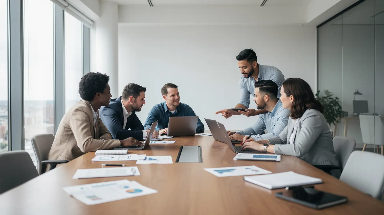 Une équipe de professionnels est rassemblée autour d'une table dans un espace de travail moderne et lumineux, échangeant des idées pour améliorer la performance et le bien-être de leurs collaborateurs. Cette scène illustre le développement d'une équipe en entreprise, mettant en avant la collaboration et la cohésion entre les membres.