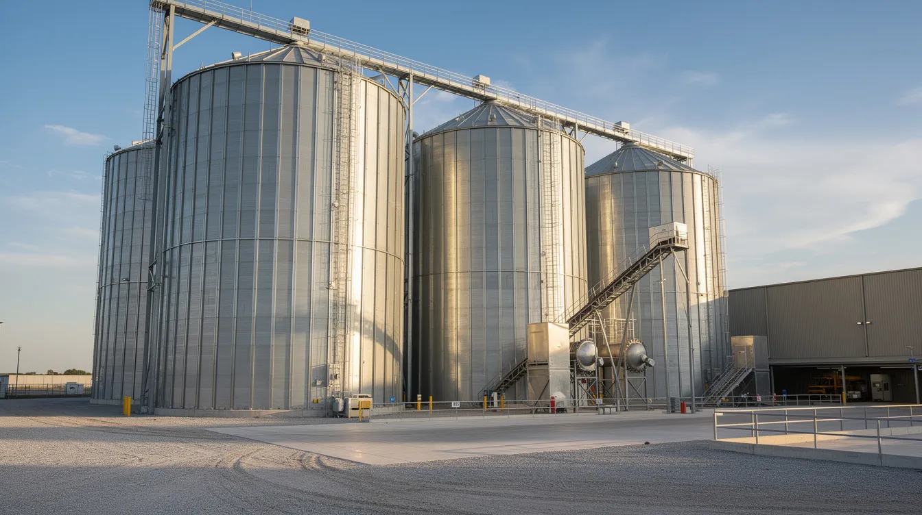 The image depicts tall steel grain storage silos at an industrial processing facility, essential for the ethanol production process. These silos store various raw materials like corn and sugarcane, which are crucial for producing ethanol and supporting the ethanol industry.