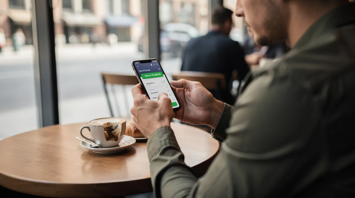 A person is seated at a cafe, using a smartphone to check their bank balance, illustrating the convenience of internet banking for managing finances. The scene captures the essence of modern banking services, providing easy access to account information while enjoying a casual atmosphere.