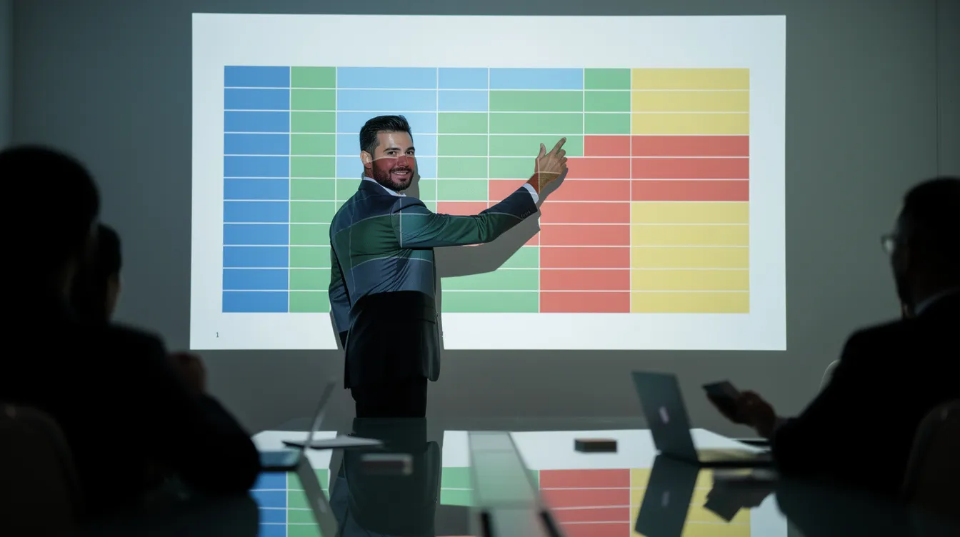 Une personne pointe vers un graphique matriciel coloré projeté sur un mur lors d'une présentation d'entreprise, illustrant des outils stratégiques pour la planification et la prise de décision. Cette image met en avant l'importance d'une stratégie efficace en entreprise pour atteindre des objectifs à long terme.