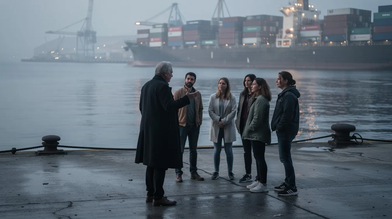 Ein Regisseur in einem dunklen Mantel spricht mit Schauspielern an einem Hafenkai, während im Hintergrund ein Frachtschiff zu sehen ist. Diese Szene erinnert an das Drama "On the Waterfront", in dem Themen wie Gewerkschaftsarbeit und die Herausforderungen der Hafenarbeiter im Mittelpunkt stehen.