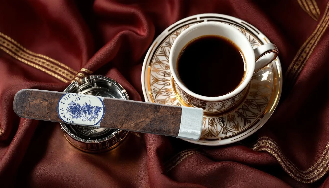 A luxurious setting featuring a cigar and a cup of coffee.