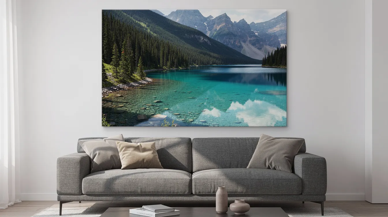 7a84270a eb53 46fe 8bd2 6f298a5d63b0 The image features a large canvas print showcasing a turquoise mountain lake, surrounded by lush evergreen trees, elegantly displayed on a modern living room wall above a grey sofa. This vibrant artwork captures the beauty of nature, making it a perfect addition to any home decor and a great quality photo print that preserves cherished memories. Picture Prints Canada.