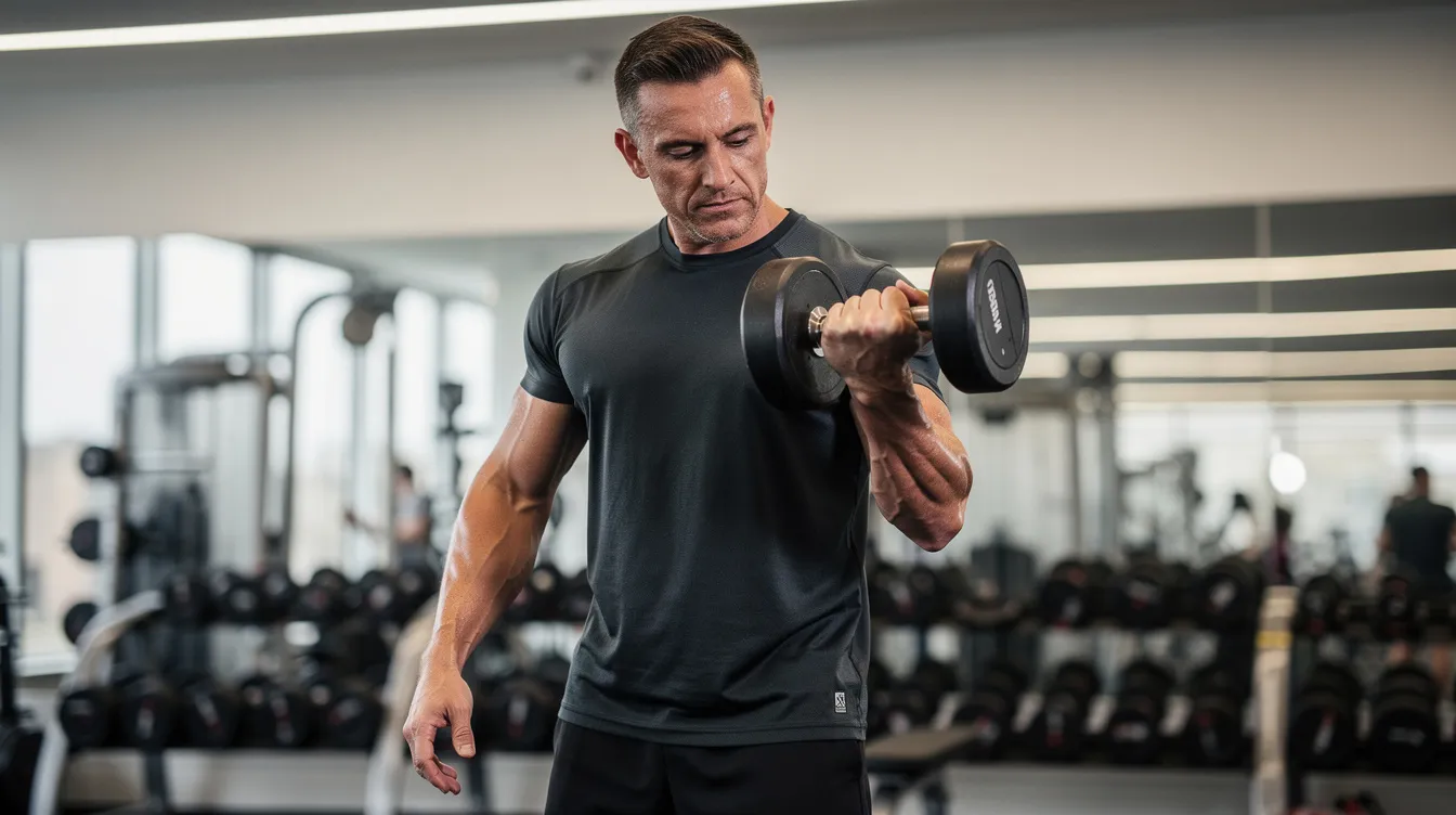 A man in his 40s is performing dumbbell curls in a well-lit gym, focusing on his muscle strength and fitness. This scene highlights the importance of exercise in boosting testosterone levels and overall health, often complemented by supplements like Nugenix Maxx for enhanced performance.
