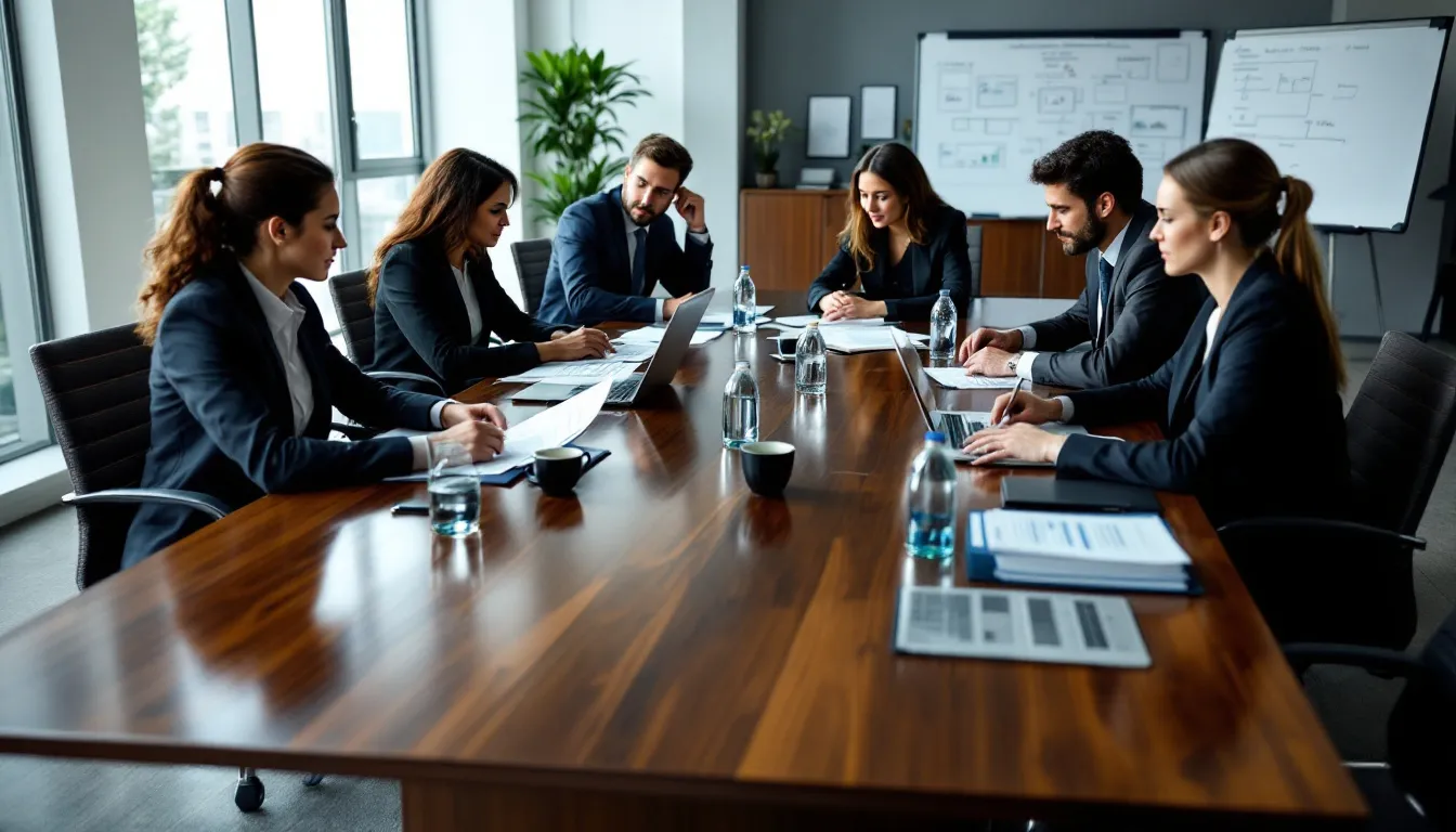 Executivos estão reunidos em uma mesa de reunião, analisando documentos financeiros que incluem informações sobre avaliação de marcas e projeções econômico-financeiras. Eles discutem aspectos como valor de mercado, fluxo de caixa e metodologias para a avaliação da marca.