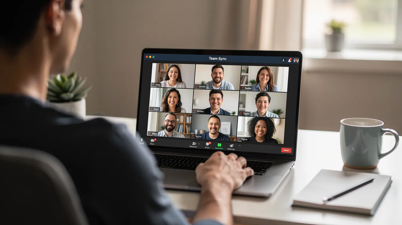 The image depicts a person engaged in a video conference call, surrounded by multiple participants displayed on the screen, illustrating a virtual meeting setup that facilitates real-time collaboration among remote teams. This setup exemplifies effective communication styles and team dynamics essential for managing nearshore teams and building strong relationships across different time zones.