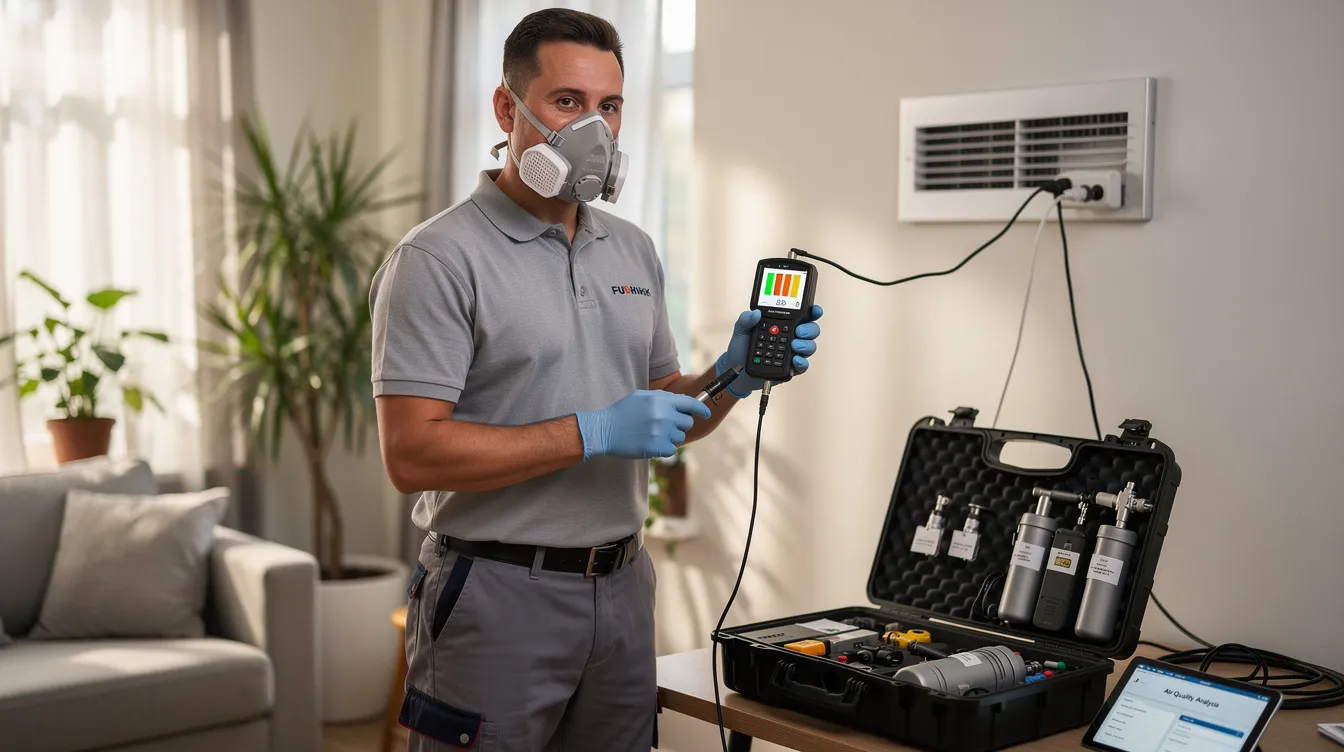A service technician is using professional air quality testing equipment inside a home, focusing on improving indoor air quality. This image highlights the importance of eco-friendly practices in home services, as part of a green home solutions franchise.