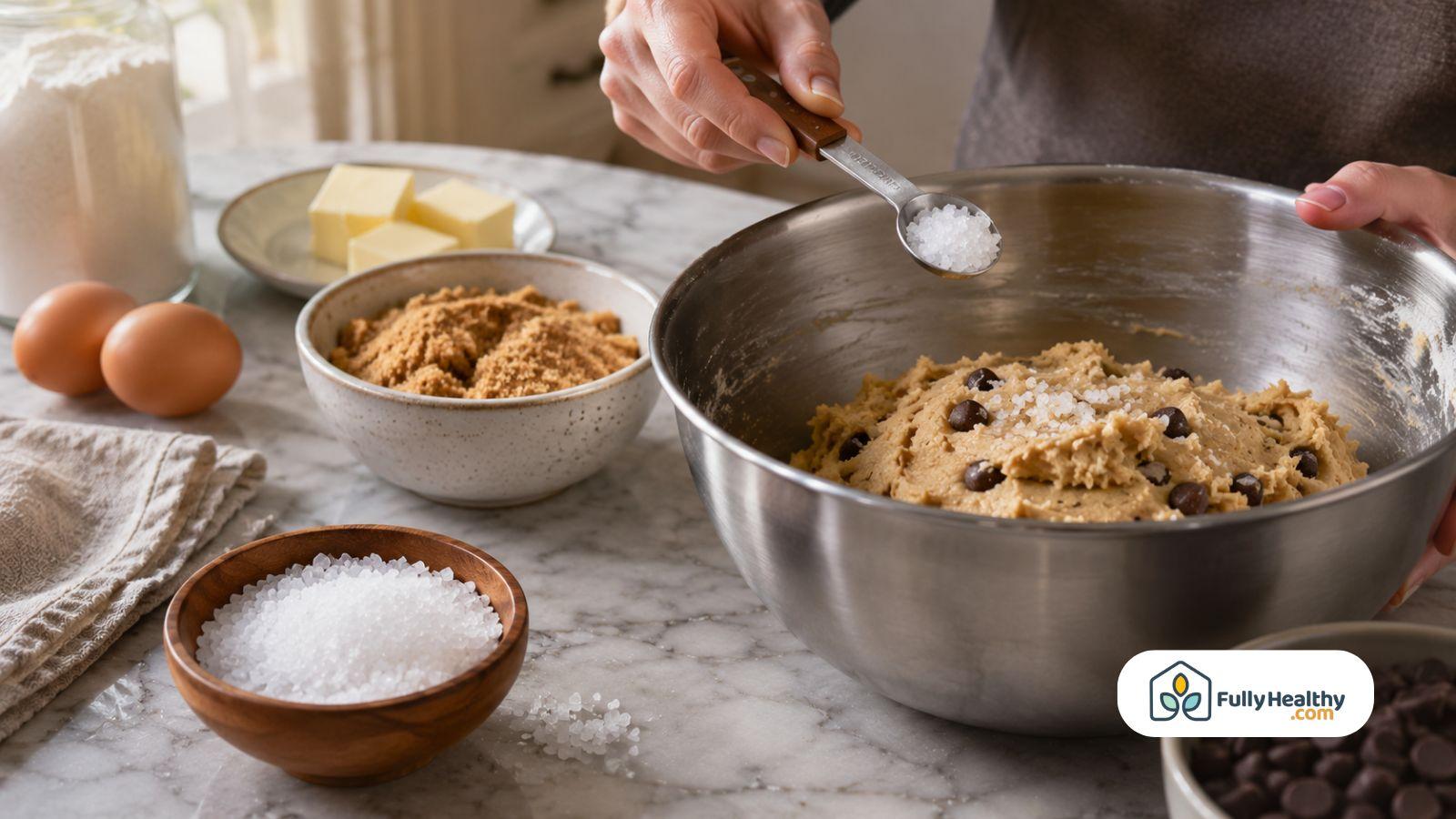 Adding coarse kosher salt to cookie dough before baking homemade chocolate chip cookies.