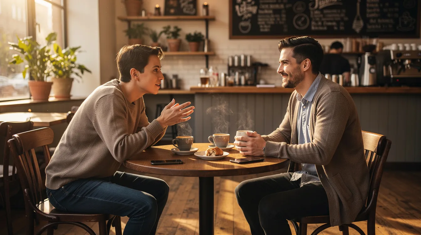 The image depicts a cozy coffee shop interior where two people are engaged in a lively conversation at a small table, embodying the vibrant dating culture of New York City. This scene captures the essence of meaningful interactions, often found in the city's dating scene, as they share interests and foster a potential connection.