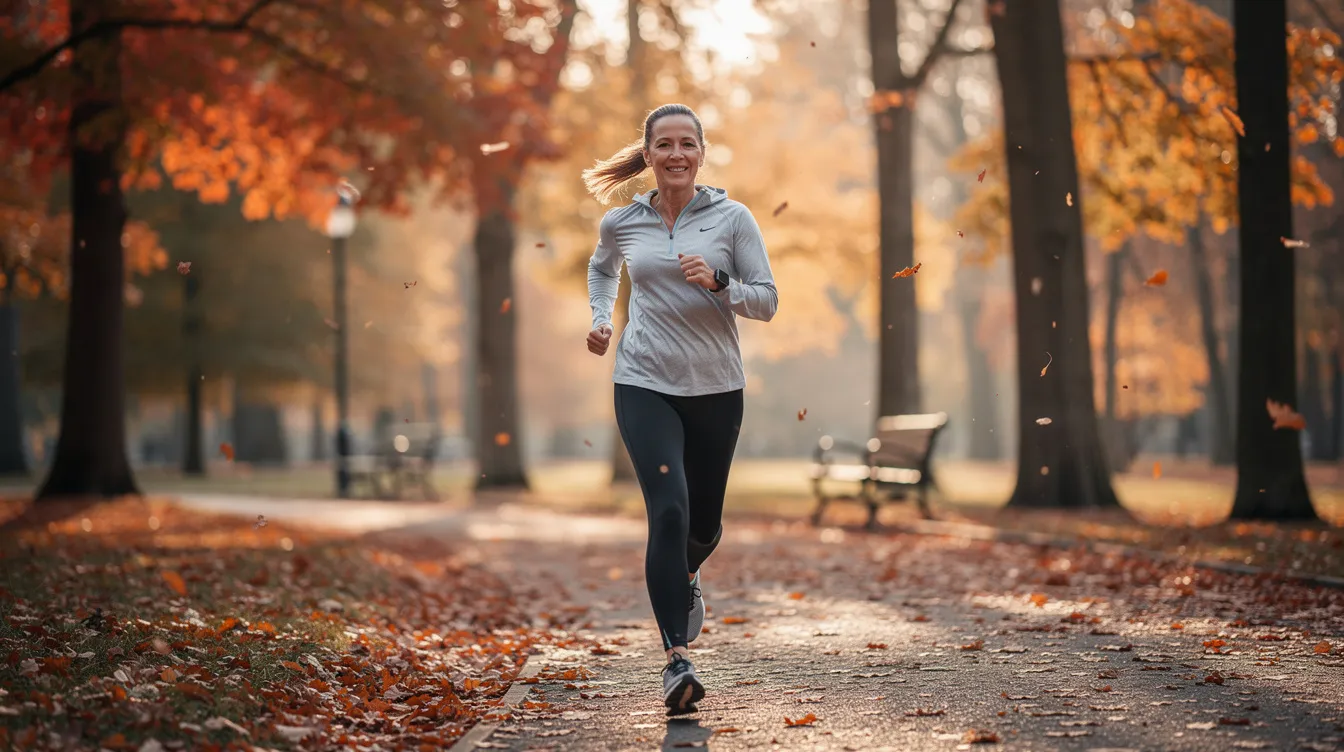 A woman in her fifties jogs along a park trail surrounded by vibrant autumn trees, embodying healthy aging and vitality. This scene highlights the importance of staying active during the menopause transition, which can help alleviate menopause symptoms such as mood swings and night sweats.