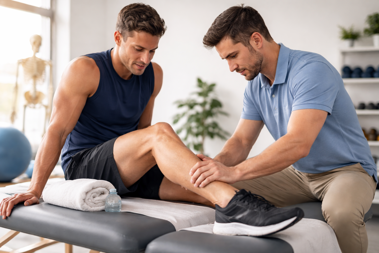 Physical therapist treating a runner’s calf muscle to relieve soreness and improve recovery