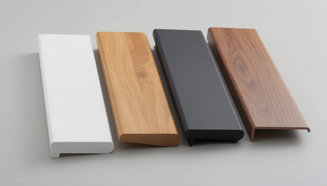 De afbeelding toont een overzicht van verschillende vensterbankmaterialen, waaronder witte MDF vensterbanken, eikenhout, donker composiet en kunststof met een houtlook. Deze varianten zijn naast elkaar gepresenteerd, waardoor hun diverse afwerkingen en stijlen goed zichtbaar zijn.