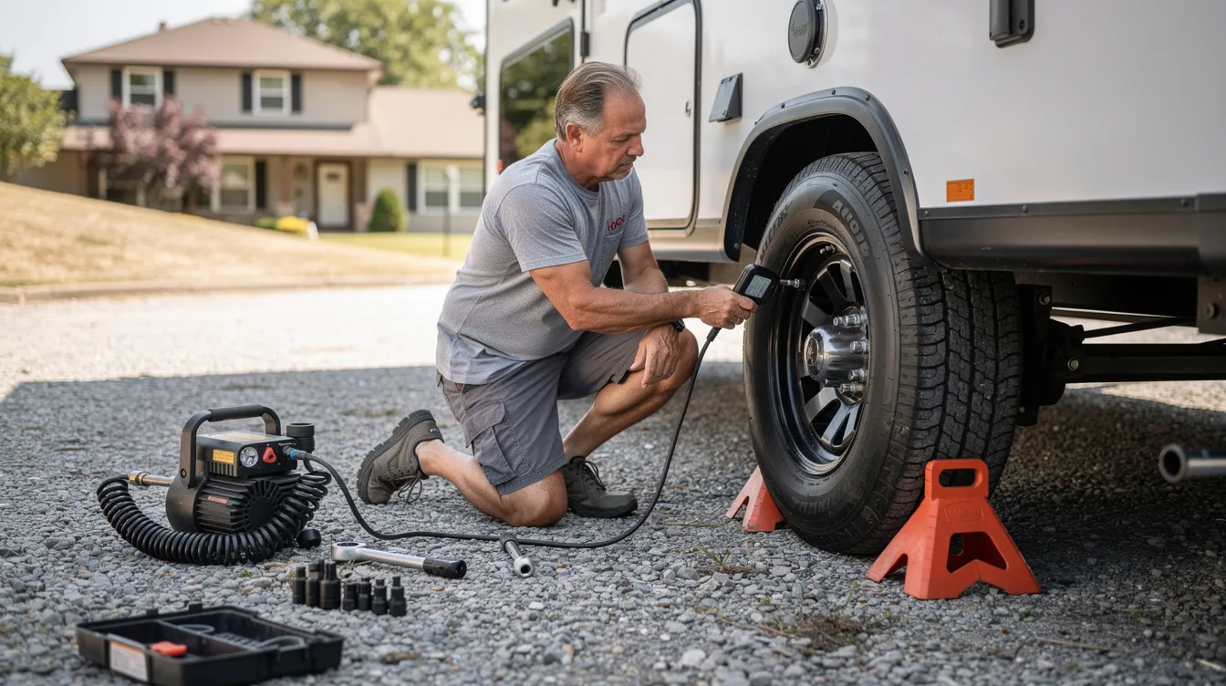 An RV owner is checking the tire pressure on a travel trailer parked on a gravel driveway, with various tools laid out nearby for routine maintenance. This scene emphasizes the importance of regular checks and mobile RV repair services to ensure safety and performance on the road.