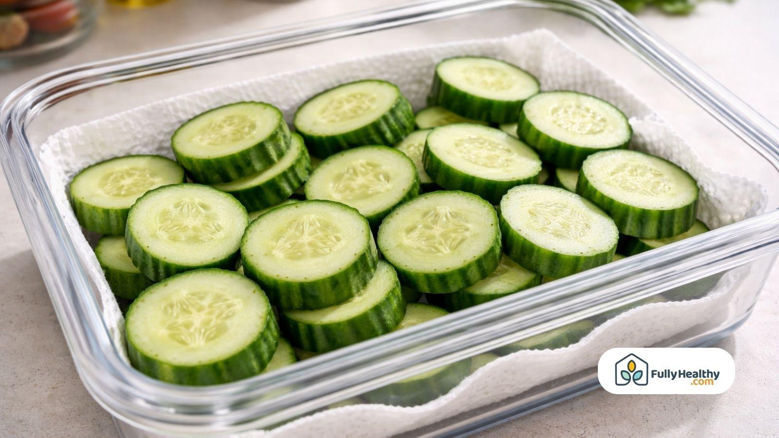 Sliced cucumbers in airtight container lined with dry paper towel