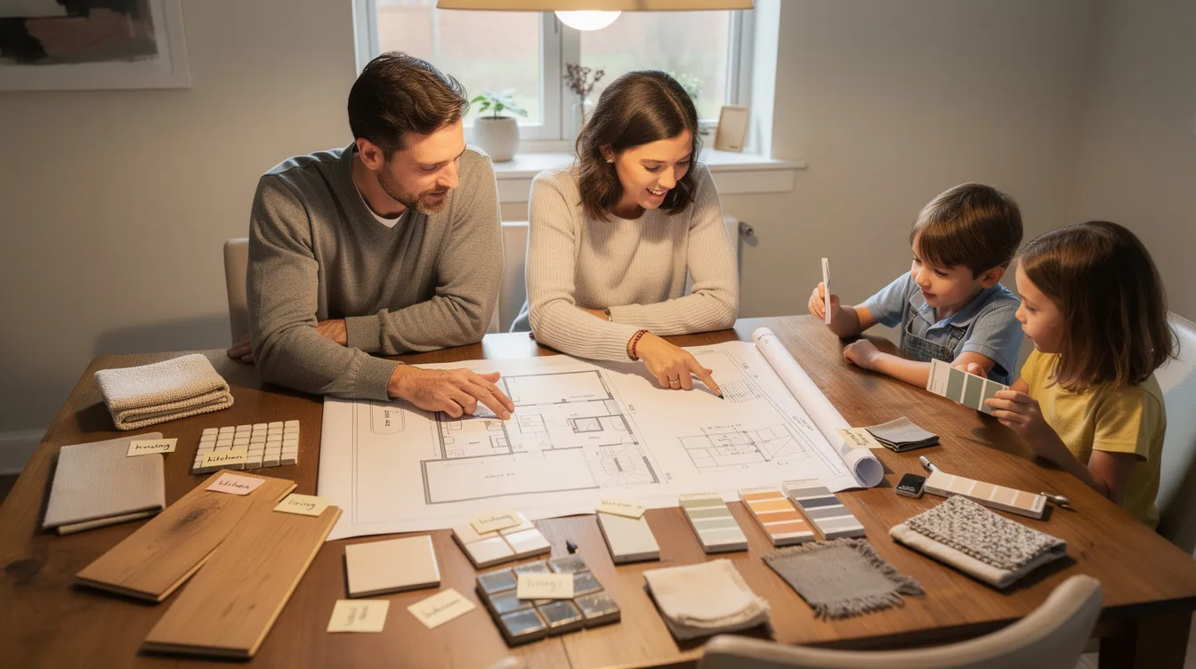 A family gathers around a dining table, reviewing renovation plans alongside material samples and paint swatches, as they discuss ideas for their house renovation project. Natural light fills the room, creating an inspiring atmosphere for planning their future living space.