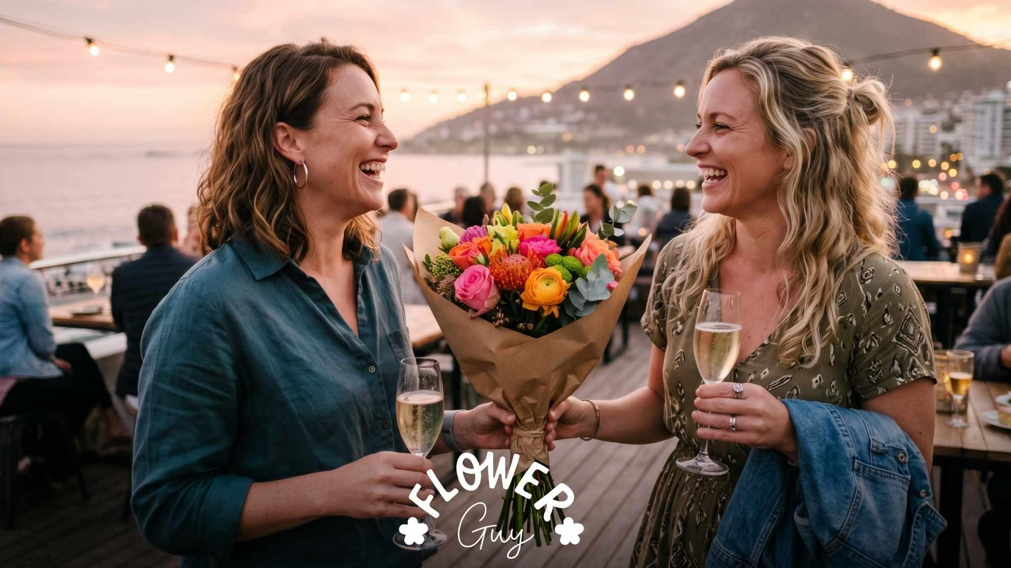 Two best friends share happy birthday messages and a bright mixed flower bouquet at a Cape Town rooftop bar at sunset