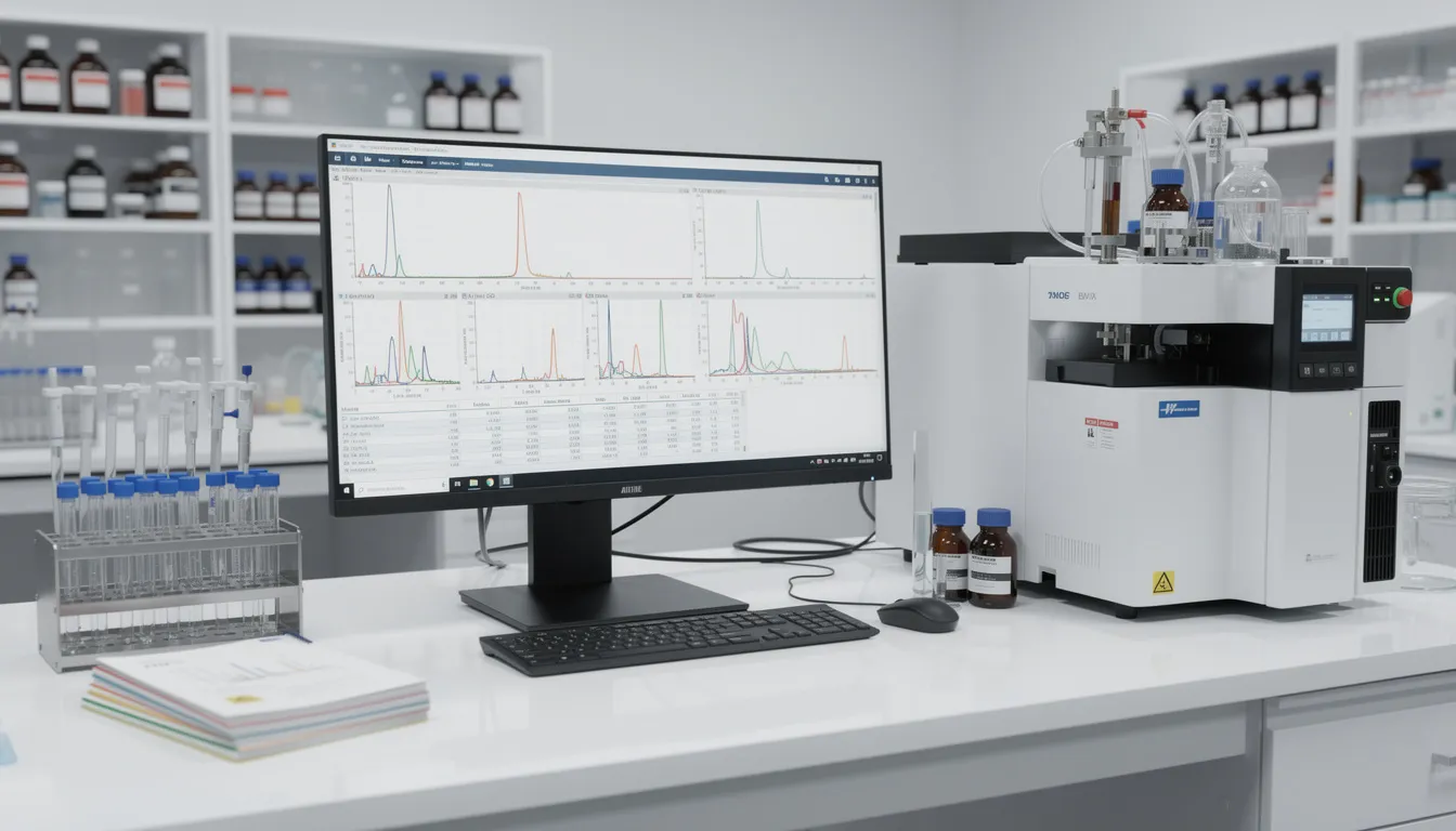The image depicts a clean laboratory workspace featuring a high-performance liquid chromatography (HPLC) machine alongside computer monitors that display detailed chromatography data and lab reports, essential for analyzing the quality of NMN supplements and ensuring safety from harmful substances. This organized environment emphasizes the importance of accurate test results for informed decisions regarding cellular health and energy metabolism.