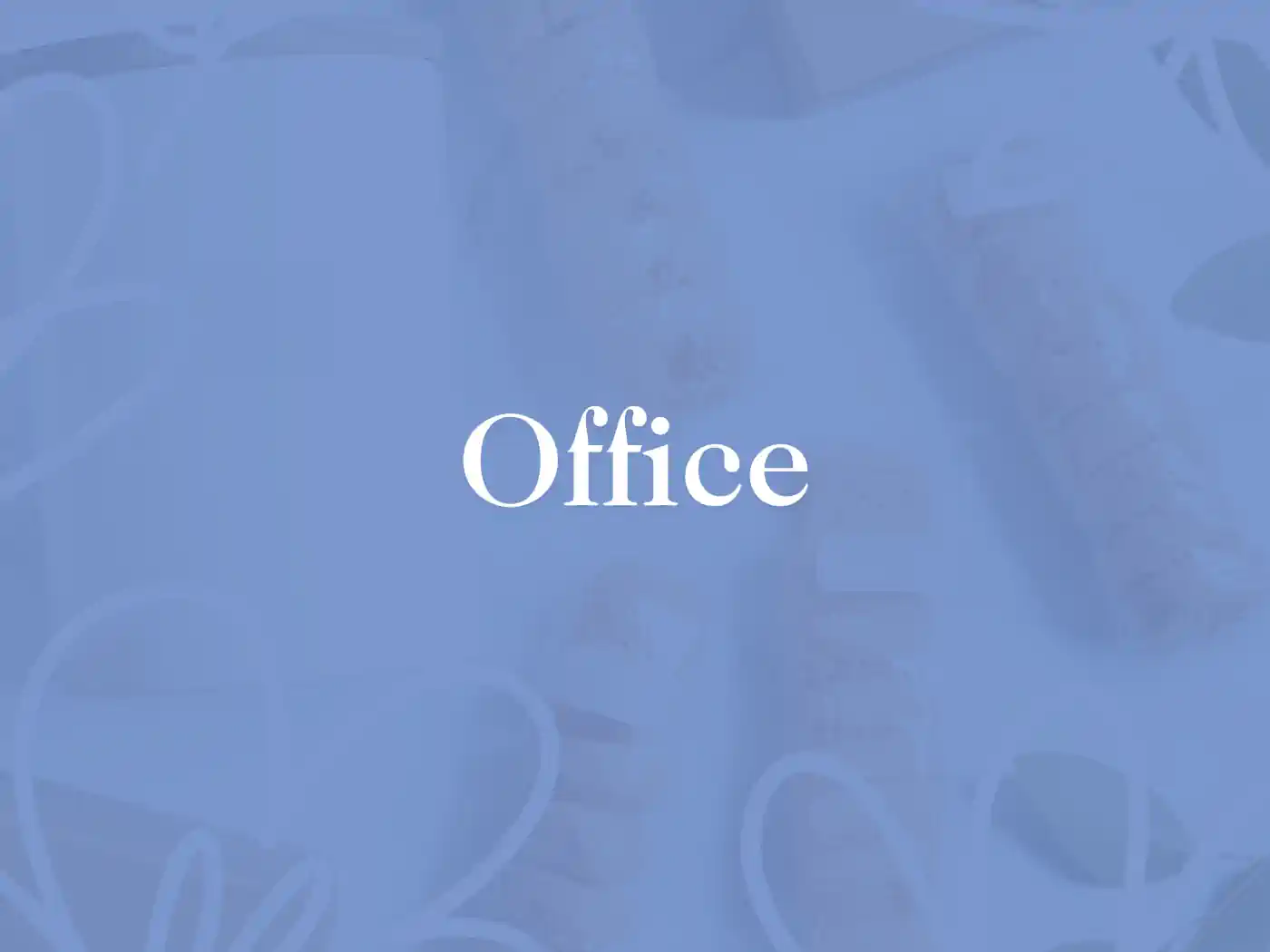 "Office" text over a blurred background featuring floral arrangements and office supplies. Fabulous Flowers and Gifts, Office Collection.