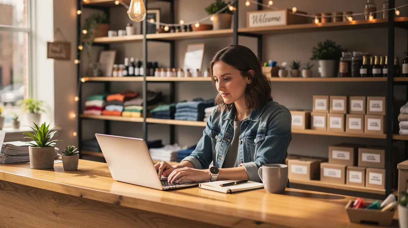 A small business owner is focused on their laptop while seated in a cozy retail shop, surrounded by neatly arranged products on shelves. This scene captures the essence of independent business operations and highlights the daily activities of many small business owners as they manage their enterprises.