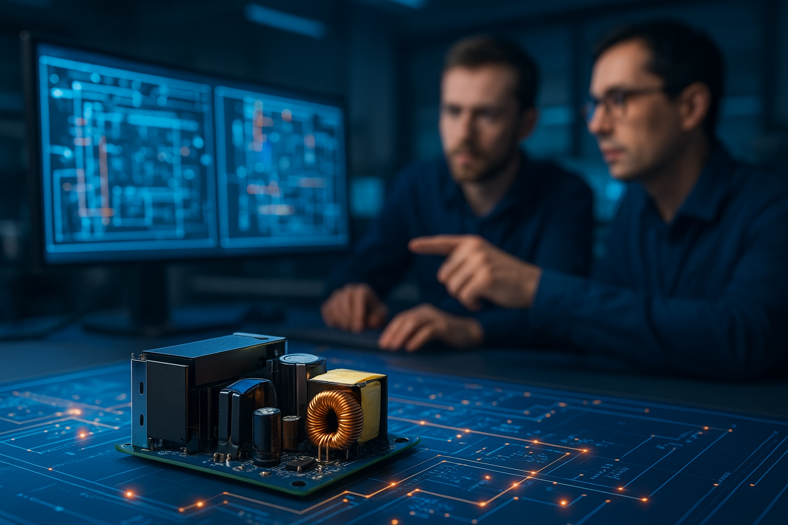Two engineers in an electronics lab reviewing PCB schematics on monitors while a compact open-frame internal PSU with capacitors, heatsink, and inductor sits in sharp focus on the bench in the foreground.