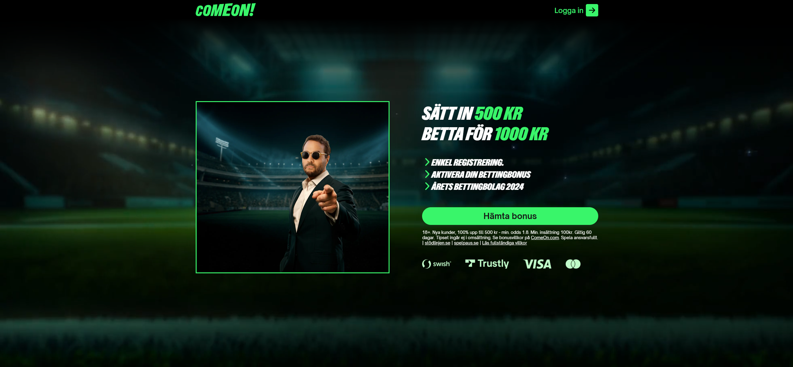 ComeOns välkomstbonus för betting med 100 % bonus upp till 500 kr.
