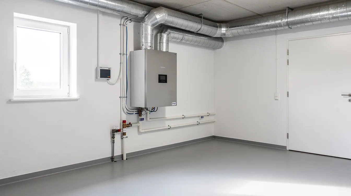 Billedet viser et moderne ventilationsaggregat installeret i et lyst teknikrum i et parcelhus. Anlægget, som er en del af et genvex ventilationsanlæg, sikrer et sundt og behageligt indeklima ved at genbruge varmen og levere filtreret luft med høj varmegenvinding.