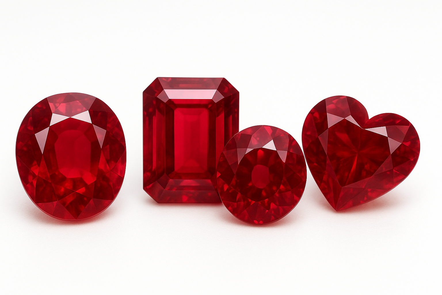 Įvairių formų rubino akmenys – ovalo, stačiakampio, apvalaus ir širdies formos.