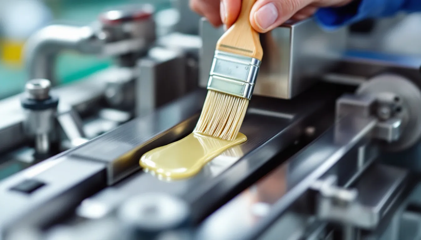 A close-up view shows food grade lubrication being applied to stainless steel components of food packaging machinery, highlighting the importance of using odorless and tasteless machine oil to prevent rust and corrosion in food contact applications. The image emphasizes the clean and efficient maintenance of processing equipment.