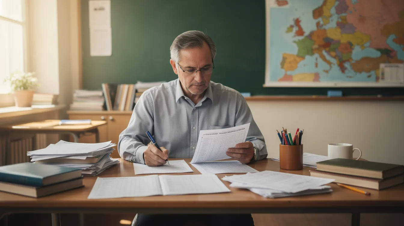 Nauczyciel siedzi przy biurku, przeglądając karty pracy i testy związane z historią, podczas gdy w tle znajduje się tablica szkolna z mapą Europy. Obrazek może być związany z tematem "klasa 6 dział 3 w obronie granic rzeczypospolitej".