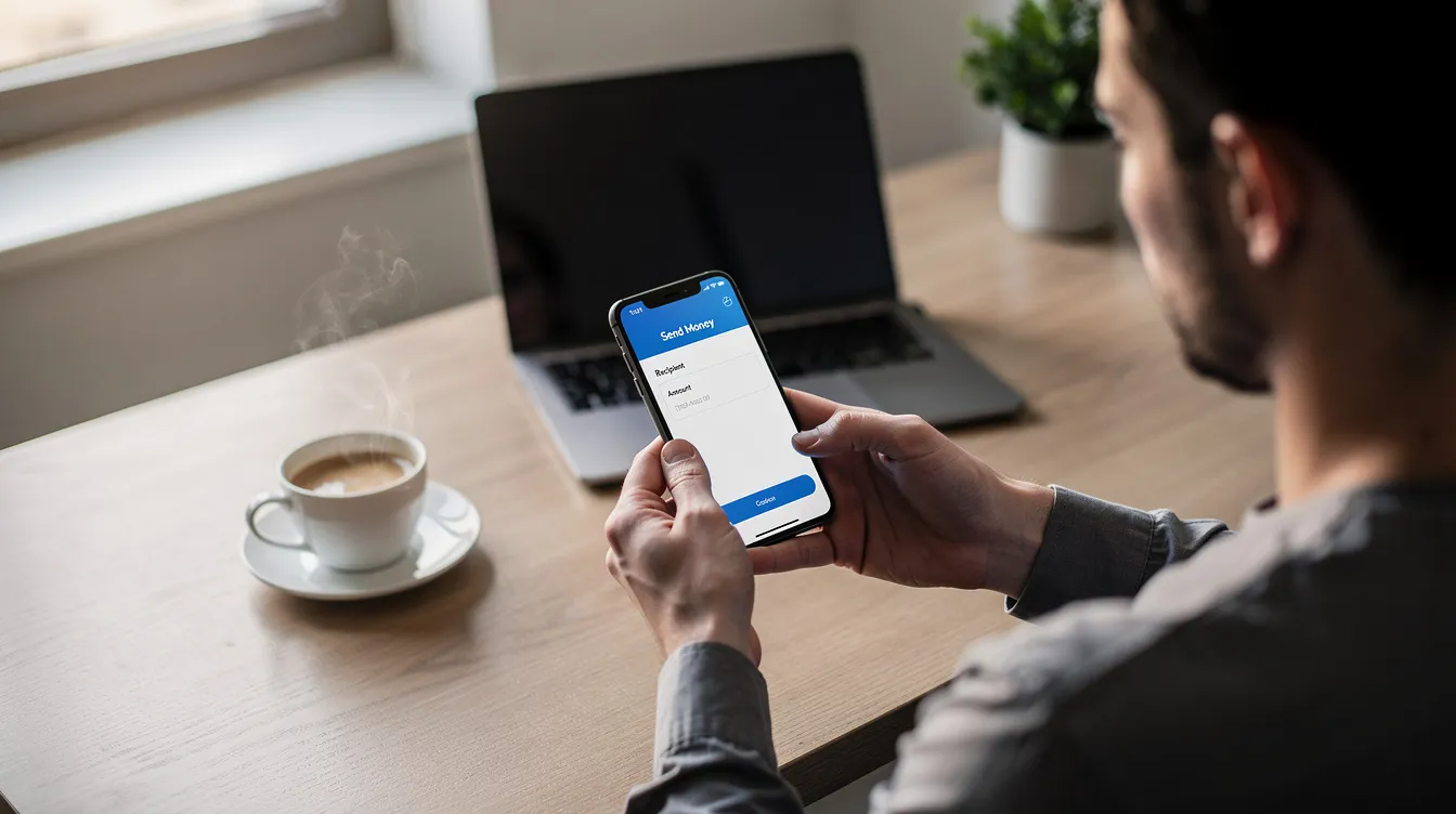 A person is sitting at a desk with a cup of coffee, using a smartphone to send money through a remittance service, possibly linked to their HBL account. The scene conveys a sense of convenience and efficiency in transferring funds to loved ones abroad.